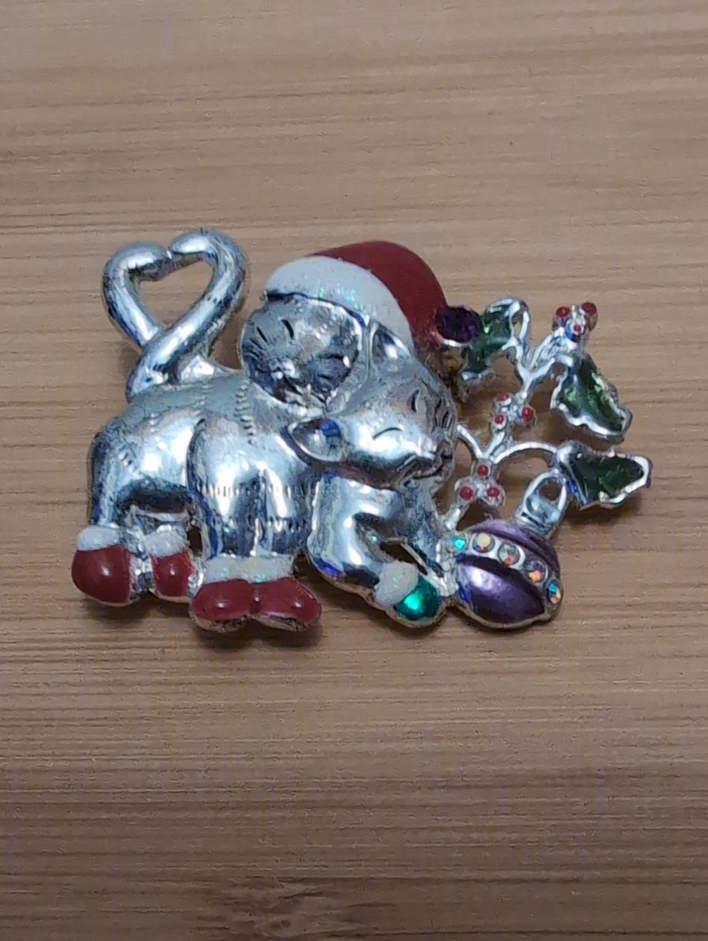 Silver Tone Cat Christmas Brooch with Red and Green Enamel Heart Tails